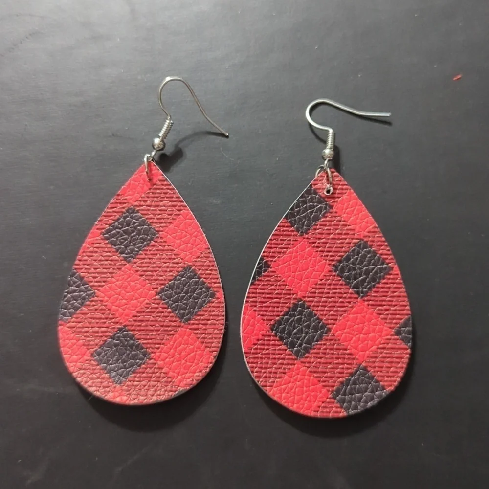 Red and Black Plaid Leather Teardrop Shape Lightweight Statement Earrings